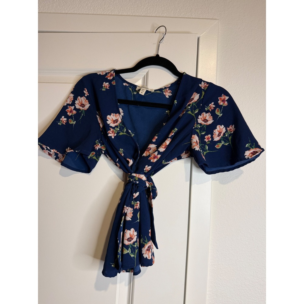 Meraki Navy Blue Floral Tie Front Wrap Top Short Flutter Sleeve Boho V-Neck M